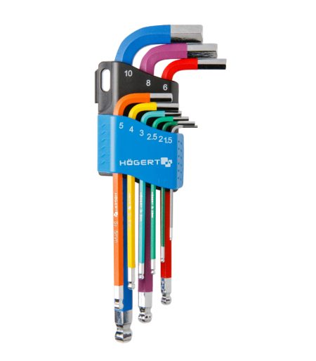 HOEGERT Set imbus ključev, dolgi barvni, okrogli zaključek, 9-delni HT1W806