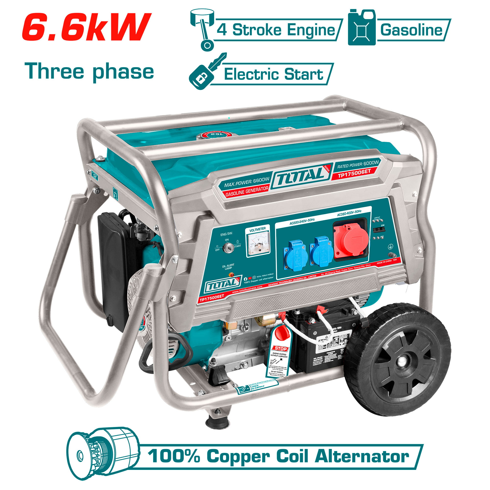 3-fazni bencinski generator 6,6kW, 25L/15KM/9ur/3000rpm INDUSTRIAL (TP175006ET)